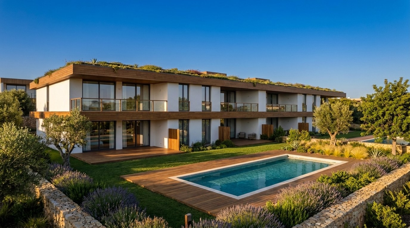 Zeitgenössisches zweigeschossiges Apartmentgebäude mit Terrassen und Gemeinschaftspool in Estoi, Algarve | Contemporary two-storey apartment building with terraces and communal pool in Estoi, Algarve